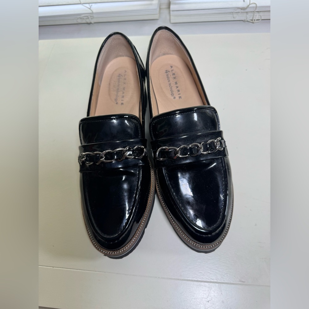 Alex Marie Glossy Black Loafers with Silver Chain